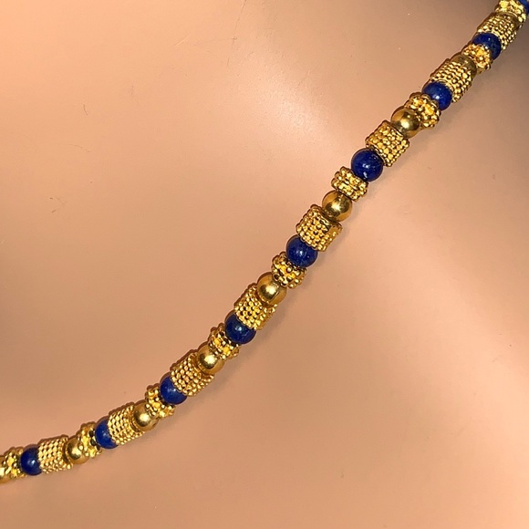 Round Lapis and Gold Tone Round Beaded Necklace - Picture 2 of 4